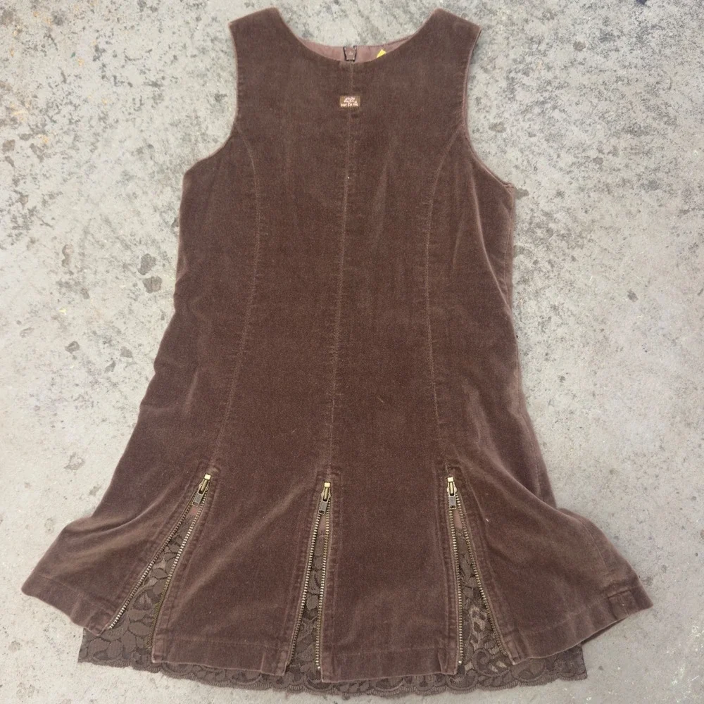 Lili Gaufrette Girls Brown Corduroy Lace Hem Zipper Jumper Dress Size 6 Years